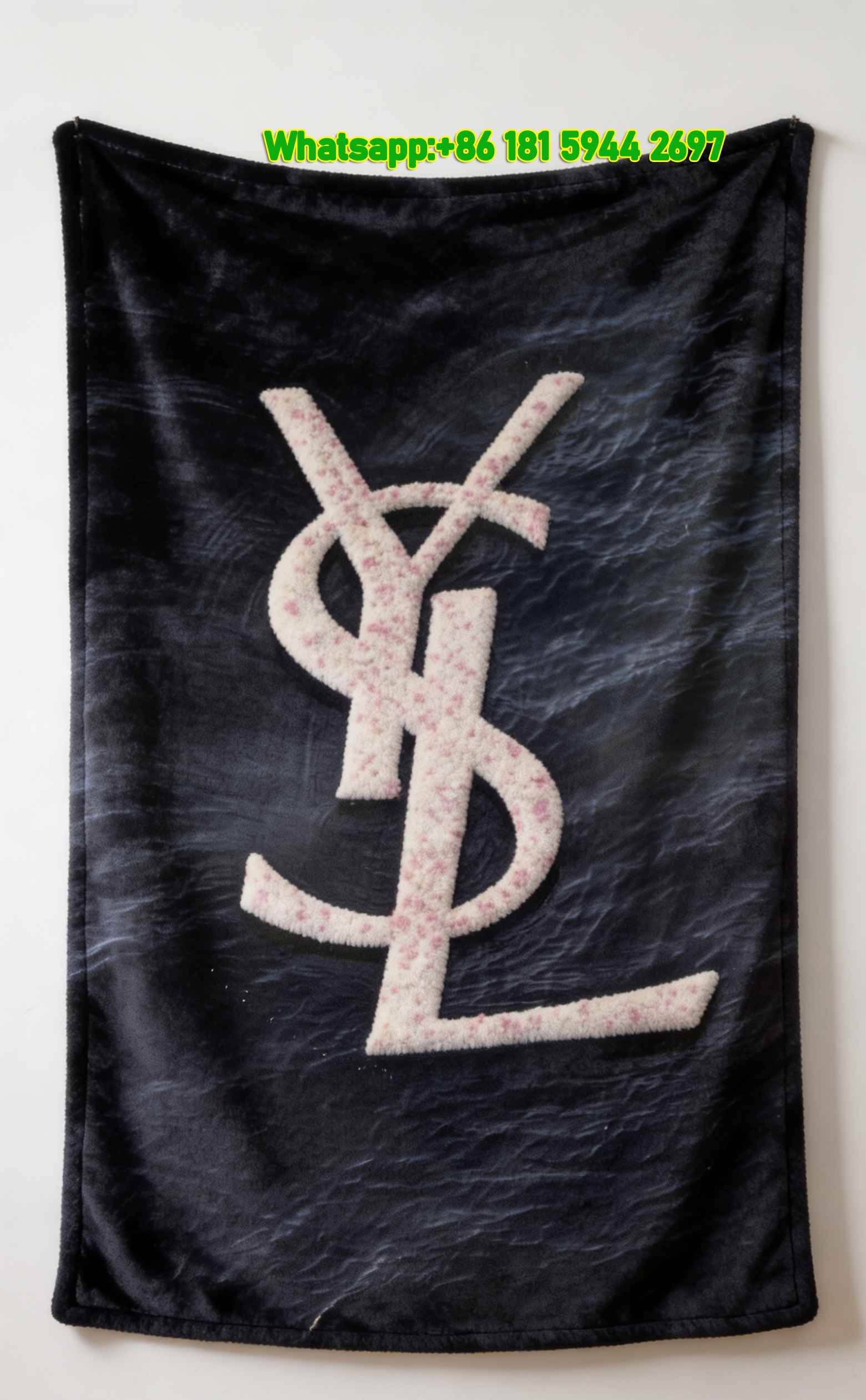 Yves Saint Laurent YSL Floral Logo on Dark Water Print Flannel Throw Blanket IMG_3273